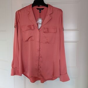 White House Black Market Coral Blouse with Button Sleeves